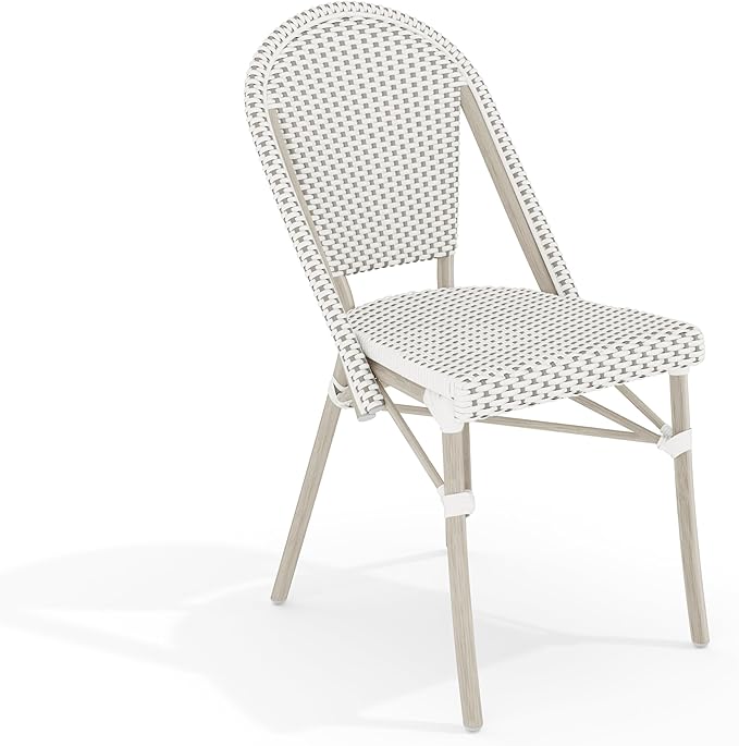 Martha Stewart Lily Pond Indoor-Outdoor Stackable Aluminum Bistro Chair with Gray Woodgrain Frame Finish and White/Gray Woven Rattan Backrest and Seat