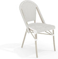 Martha Stewart Lily Pond Indoor-Outdoor Stackable Aluminum Bistro Chair with Gray Woodgrain Frame Finish and White/Gray Woven Rattan Backrest and Seat