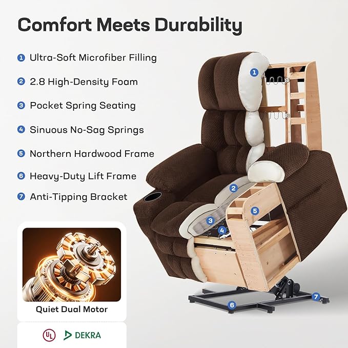 Tami Tami Dual Motor Power Lift Chair Recliner for Elderly with Massage and Heat, Infinite Position Electric Lift Recliner with Adjustable Headrest, USB (T6015 - Plush Fabric, Dark Brown, Oversized)