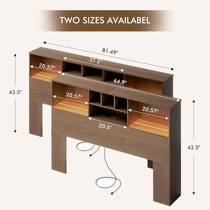Apicizon 65" Queen Size Storage Headboard, Wood Headboard with Charging Station, Queen with Power Outlets, Ajustable LED Lights for Bedroom, Brown