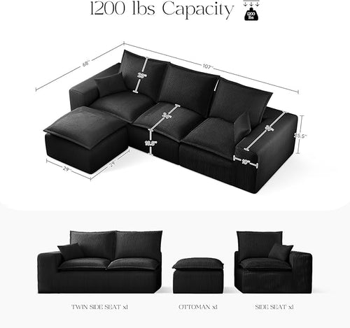 107" Comfy Cloud Couch with L-Shape Chaise & Deep Seat, Modular Sectional Sofa in a Box, Boneless Upholstered Couches for Living Room, No Assembly Required (Soft Corduroy, Black)