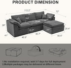 112" Cloud Sectional Couch, Boneless Couches for Living Room, L Shaped Couch with Convertible Ottoman, Modular Sectional Sofa with Deep Seat, Comfy Soft Cushions, No Assembly, Gray