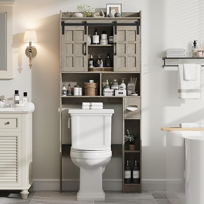 Over The Toilet Storage Cabinet, Farmhouse Storage Cabinet Over Toilet with Sliding Doors，Home Space-Saving Toilet Rack, for Bathroom, Restroom, Laundry.Wash Grey