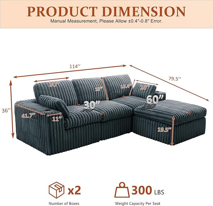 114" Cloud Boneless Sectional Couches for Living Room, Modular Sectional Sofa with Cup Holder, Cozy Fluffy L Shaped Deep Seat Boneless Couch with Storage Pocket, No Assembly Required, Grey
