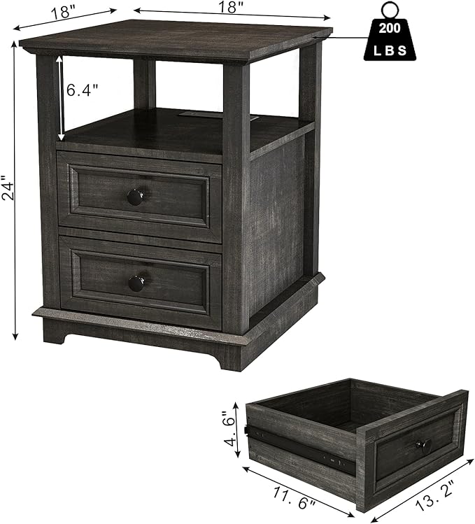 End Table with Fast Charging Station Set of 2, 18" Wide Sofa Side Table with Drawers, Large Storage Rustic Wood Square Storage Cabinet for Living Room