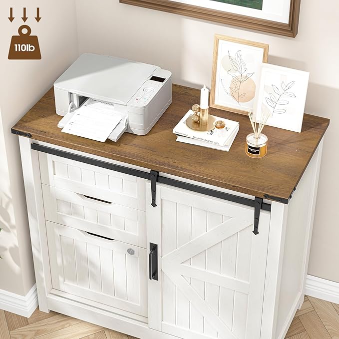 Vabches Lateral File Cabinets with Adjustable Shelf, Farmhouse Filing Cabinet with Lock for Home Office, Filing Organization Storage Cabinets with Sliding Barn Door for Hanging Files Letter/A4.(White)