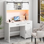 Vabches Farmhouse 47" Executive Desk, Computer Desk with 2 Drawers and Storage Cabinet, Home Office Desk with Hutch, Charging Hub, Workspace for Work and Study,(Cream White)