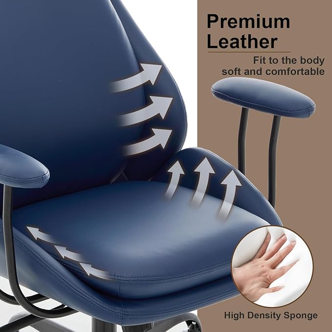 Home Office Desk Chair, PU Casters Ergonomic Computer Chair with Lumbar Support, Adjustable Height, 360°Rolling Swivel Chair, High Back Executive Task, Padded Armrests Chair, Blue Leather