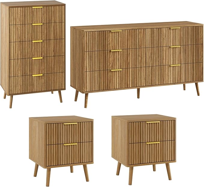 LYNSOM Fluted Dresser and Nightstand Sets 4 Piece, 2-Drawer Nightstands and 5/6 Drawers Dresser, Wood Bedroom Furniture Set for Home, Bedroom, Hallway, Natural Oak