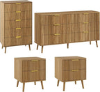 LYNSOM Fluted Dresser and Nightstand Sets 4 Piece, 2-Drawer Nightstands and 5/6 Drawers Dresser, Wood Bedroom Furniture Set for Home, Bedroom, Hallway, Natural Oak
