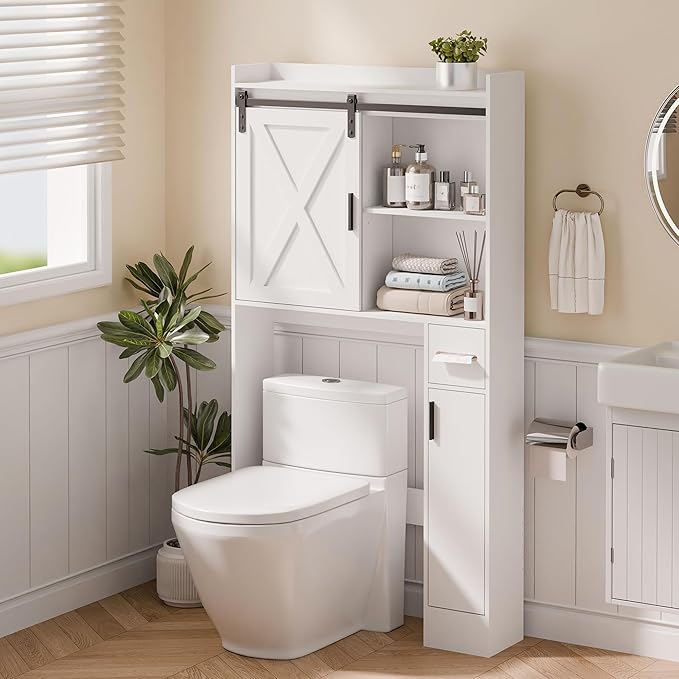 MU Over The Toilet Storage Cabinet with Doors, 32" Bathroom Storage Organizer with Side Shelves, Space-Saving Toilet Storage Rack for Bathroom, Laundry (Sliding Barn Door)