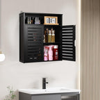 HYNAWIN Wall-Mounted Black Bathroom Cabinet with Double Doors, Bamboo Storage Shelf Organizer for Kitchen, Living Room, or Bathroom