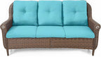 Patio Sofa Outdoor Wicker Couch - Heavy Duty All-Weather Brown Rattan 3-Seater with High Back and Comfortable Thick Cushions for Garden Back Porch Poolside Apartment - Turqoise