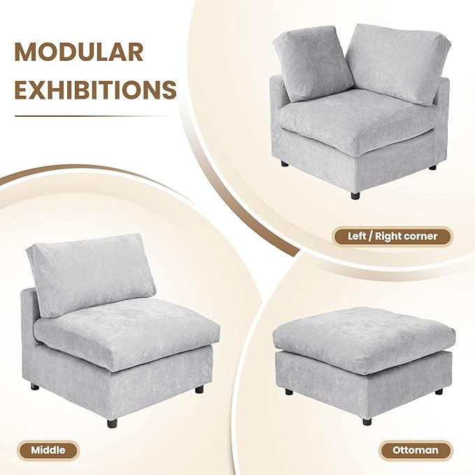 WJShome Modular Sectional Cloud Couch Modern L Shaped Sofa with Ottoman, 100 Inch 3-Seat Chenille Deep Seat Couches for Living Room, Bedroom and Apartment，Gray