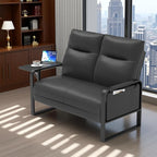Modern Leather Loveseat, Small Sofa with Side Tray & Pocket, Upholstered Mini Couch for Living Room, Office, Guest Room, Black