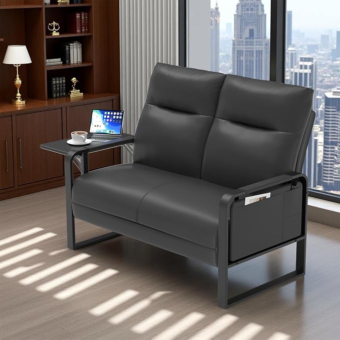 Modern Leather Loveseat, Small Sofa with Side Tray & Pocket, Upholstered Mini Couch for Living Room, Office, Guest Room, Black