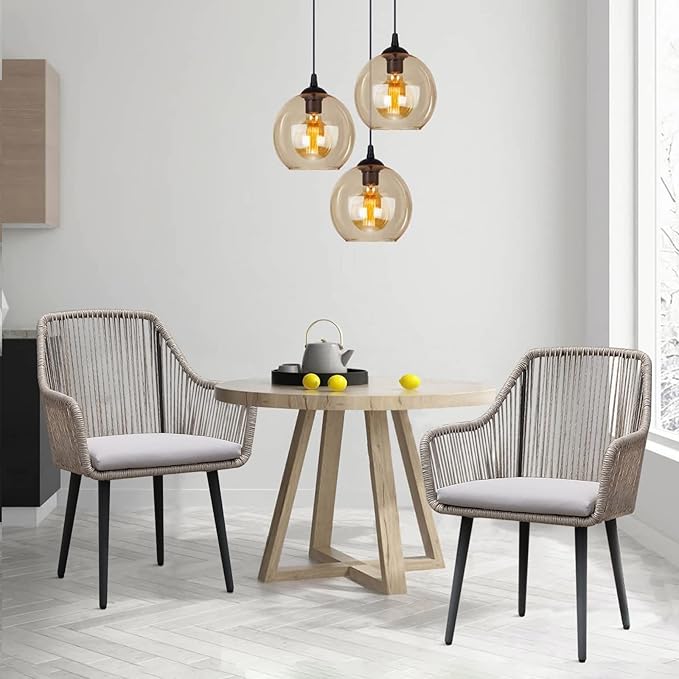 JOIVI Patio Chairs Set of 2, 2 Pieces Rattan Rope Material Outdoor Dining Chairs with Armrest and Seat Cushions for Outside Porch or Indoor Kitchen, Restaurant, Tan