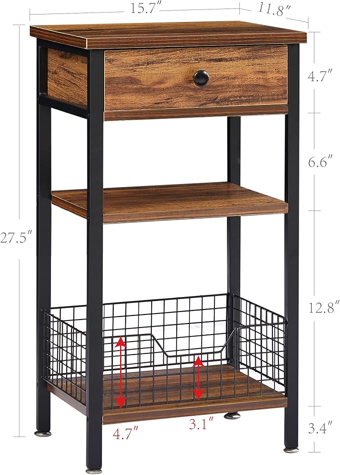 VECELO Tall End Side Tables,27 Inch Night Stand with U-Shape Basket and Storage Drawer/Shelf for Living Room/Bedroom/Small Spaces,Set of 2,Brown