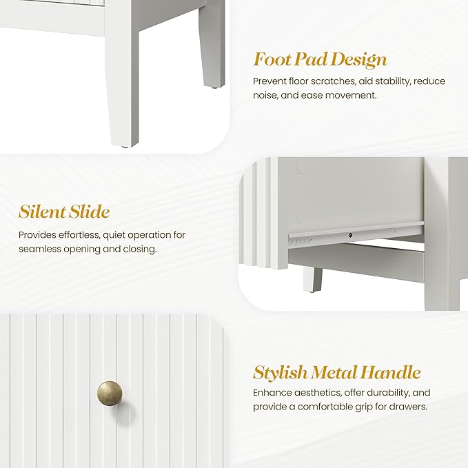 White Fluted 4 Drawer Dresser Set of 2 for Bedroom, Modern Chest of Drawers, Wood Dresser for Storage Clothes, Wooden Storage Cabinet Nightstand for Bedroom, Hallway, Living Room, Entryway