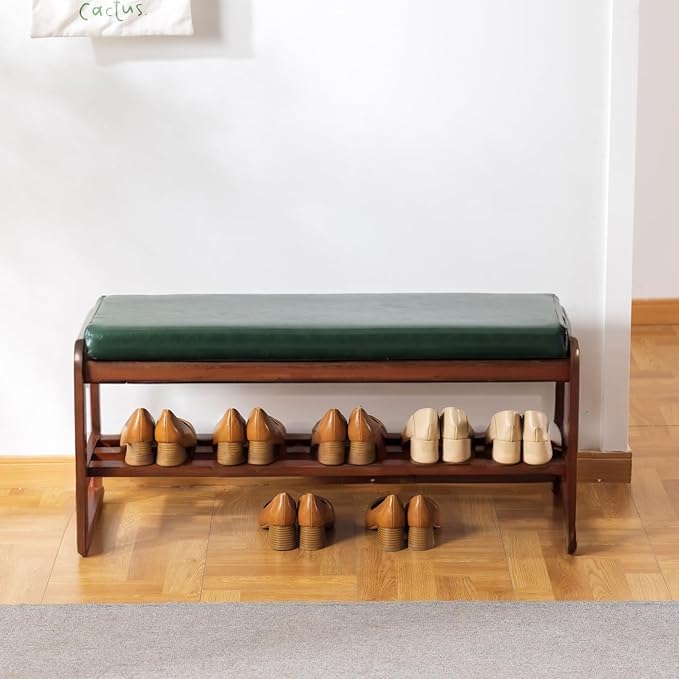 latifolia Solid Wood Bench, Entryway Shoe Bench with Cushion, 2 Tier Shoe Storage Organizer for Hallway, Living Room(Green,39.70''L)