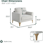 Studio Living® Matthew 39.8" Arm Chair, Mid-Century Modern, Pocket Coil Comfort, Metal Brushed Bronze Legs, Chenille Fabric, Ivory
