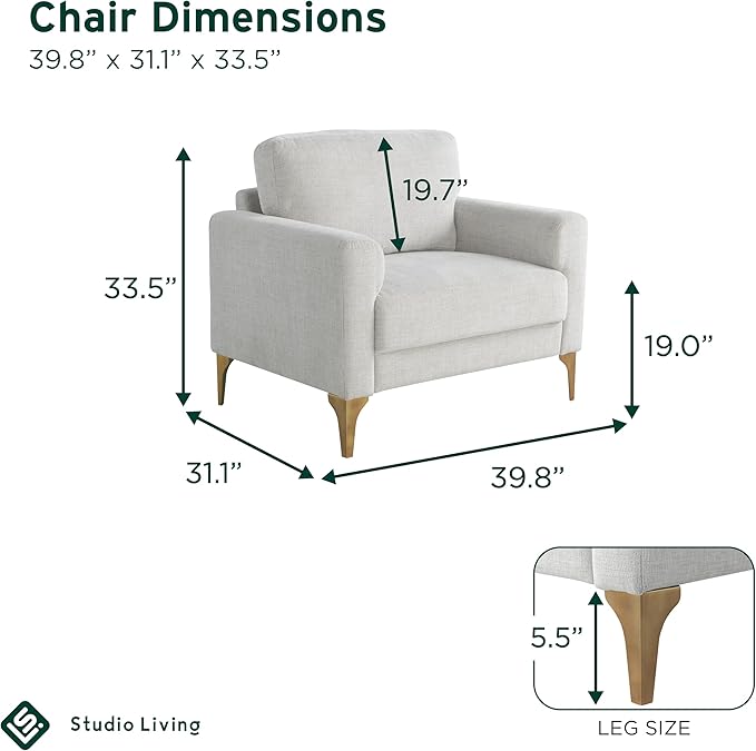 Studio Living® Matthew 39.8" Arm Chair, Mid-Century Modern, Pocket Coil Comfort, Metal Brushed Bronze Legs, Chenille Fabric, Ivory
