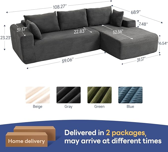 2025 New 108" Cloud Couch Sectional, Modular Sectional Sofa with L-Shaped Chaise, Deep Seat Sectional Modular Couch for Living Room, No Assembly Required (Gray, Right Facing Chaise)