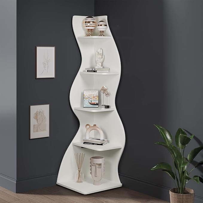 Tribesigns Corner Shelf, Modern 5-Tier Wall Corner Bookshelf, Stylish Corner Small Bookcase Storage Rack Plant Stand with Unique Shape for Living Room, Home Office (White, 1PC)
