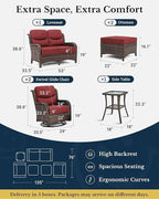 HILLGA Luxury Patio Furniture Set with 6-inch Thick Cushion, Outdoor Loveseat and High Back Swivel Rocker Patio Chairs, 6PCS Wicker Conversation Set for Deck Yard and Poolside, Burgundy (V2)