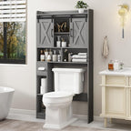 Farmhouse Over The Toilet Storage Cabinet with Sliding Door & Toilet Paper Holder Stand, Space-Saving for Bathroom & Restroom, Wash Grey