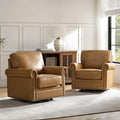 HULALA HOME Swivel Accent Chair Genuine Leather Barrel Rocker Chair with Metal Base Transitional Armchair Padded Round Armrest Set of 2, Camel