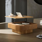 Square Lift-top Coffee Table for Living Room, Fluted Coffee Tables with Hidden Storage, Solid Wood Veneered Modern Tea Center Table for Small Space Apartment (Natural-35.43''D×14.57''H)