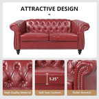 Chesterfield Loveseat Sofa, Modern Leather Small Sofa Couch 2 Seater with Rolled Arms and Nailhead, Mid Century Modern Loveseat Couch for Small Spaces Living Room Bedroom Apartment, Claret