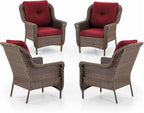 Patio Wicker Chairs Outdoor Furniture Chair - Set of 4 Outside All Weather Lawn Dining Brown Rattan Armchair with High Back&Deep Seating for Deck Porch Balcony Backyard Garden - Red