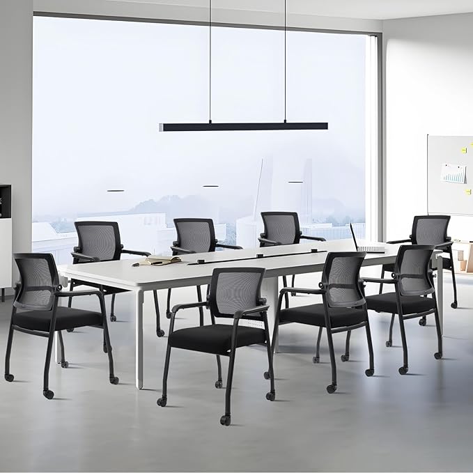 4PK Office Guest Chairs No Wheels | Ergonomic Lumbar Support and Thicked Seats Cushion, Desk Chair with Adjustable Mesh Back for Waiting Room School Church Reception，Black