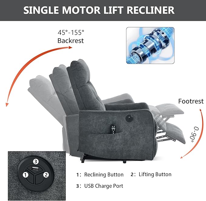 PELUMY Manual Lift Recliner Chair with Massage and Heat for Elderly, Single Motor Electric Lift Chair, Heavy Duty Recliner with USB Charging & Side Pockets (Chenille, Grey)