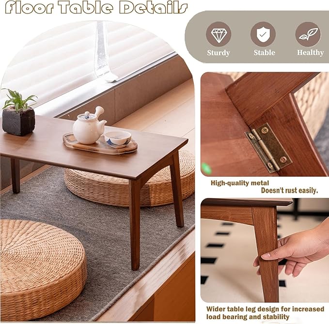 Folding Floor Table Low Coffee Table for Sitting On The Floor Japanese Floor Table No Assembly Tatami FoldableTable for Living Room Home Office (Walnut, Small)