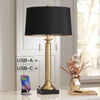 Possini Euro Design Wynne 30" Tall Traditional Glam Table Lamp with USB Ports A+C Charging Warm Gold Metal Black Drum Shade for Living Room Bedroom House Bedside Nightstand Office Reading Family