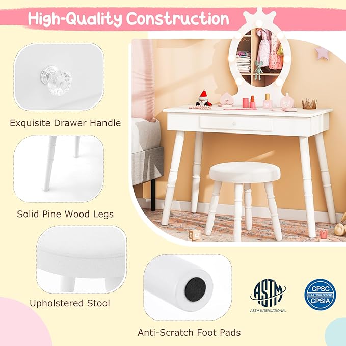 Costzon Kids Vanity, Girls Vanity Set with Mirror and Stool and Lights, Drawer, 2 in 1 Wooden Toddler Makeup Vanity Desk Dressing Table, Kids Vanity Table and Chair Set (White)