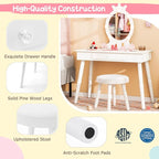 Costzon Kids Vanity, Girls Vanity Set with Mirror and Stool and Lights, Drawer, 2 in 1 Wooden Toddler Makeup Vanity Desk Dressing Table, Kids Vanity Table and Chair Set (White)