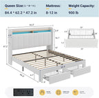 Allewie Velvet Vertical Tufted Queen Upholstered Platform Bed Frame with 2-Tier LED Storage Headboard & 2 Storage Drawers, USB & Type-C Charging Ports, Noise-Free/No Box Spring Needed, White
