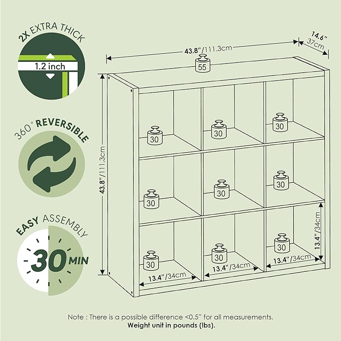 Furinno Cubicle Book Shelf, 9-Cube Thick Frame Bookshelf, Reversible Bookcase with Open Back, 14.6" x 43.8" x 43.8", for Living Room, Bedroom, Home Office, Sage Green
