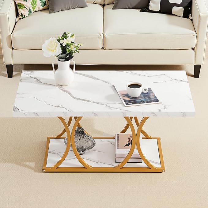 VEVOR Coffee Table, Modern Faux Marble Coffee Table, 2-Tier Rectangle Center Desk with Geometric Legs, Minimalist Sturdy Metal Frame Accent End Desk for Living Room, Office, Easy Assembly, White