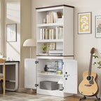 MHOM 71" Tall Bookshelf with Doors, 5 Tiers Farmhouse Bookcase with Adjustable Shelves, Wooden Rustic Display Cabinet for Home Office, Living Room, White