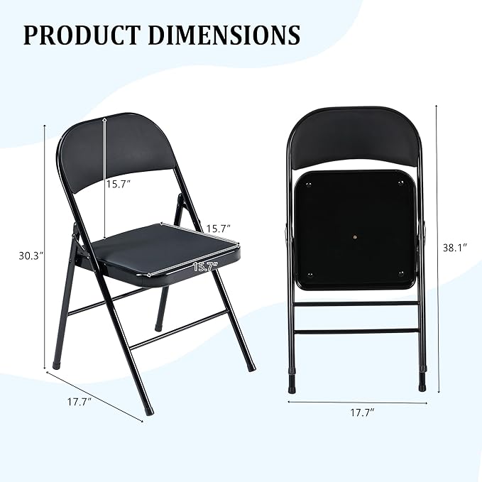 6 Pack Black Folding Chairs with Padded Cushion and Back, Foldable Indoor Outdoor Chairs with 330-LBS Capacity, Portable Heavy Duty Metal Frame Commercial Seat for Kitchen, Party, Events, Wedding
