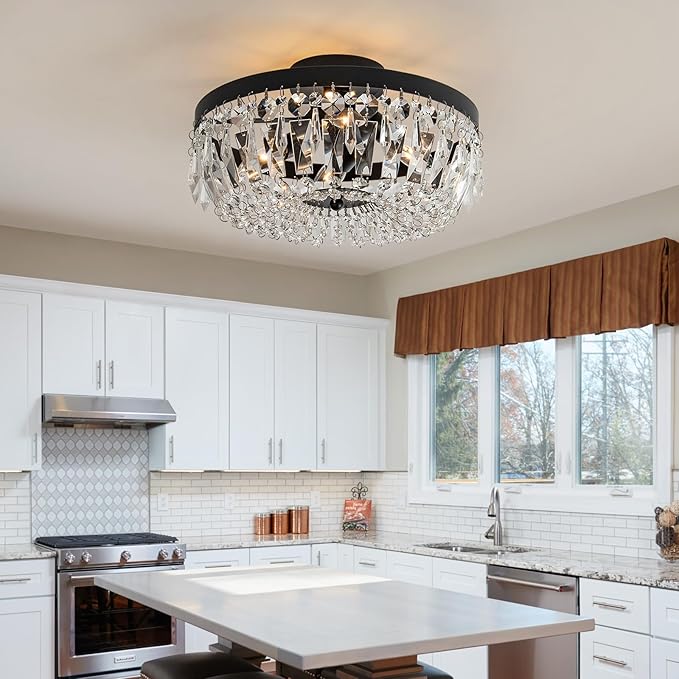 Veronie Crystal Ceiling Light Fixture, 4-Light Modern Semi Flush Mount Ceiling Light, Black Lighting Fixtures Lamp for Hallway, Kitchen, Entryway, Bedroom, Laundry Room
