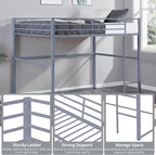 Metal Loft Bed Twin Size, Loft Bed Frame with Safety Guard Rails & Flat Ladder, Twin Loft Bed for Kids Teens Adults
