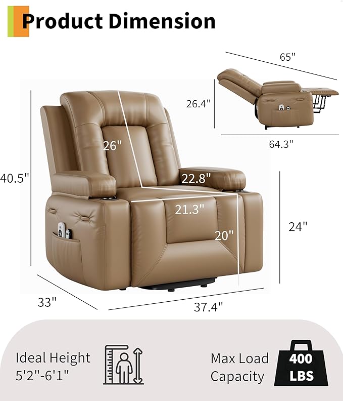 GarveeHome Electric Lift Recliner Chair - Heat and Massage, PU Leather Power Lift Recliner for Elderly & Mobility Impaired, Adjustable Back and Legs, Heavy Duty Lift Chair for Seniors