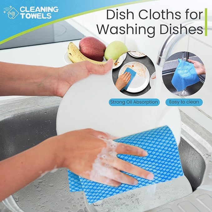 Tioncy 300 Pcs Disposable Dish Cloths for Kitchen Disposable Cleaning Cloth and Towels Handy Cleaning Wipes Disposable Rags for Kitchen and Office(Blue)