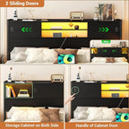 Homieasy Headboard for King Size Bed with Storage, Sturdy Bookcase Headboards with Outlet, USB & LED Light, King Size Headboard Only, Head Board with Sliding Doors & Bed Adapter for Bedroom, Black